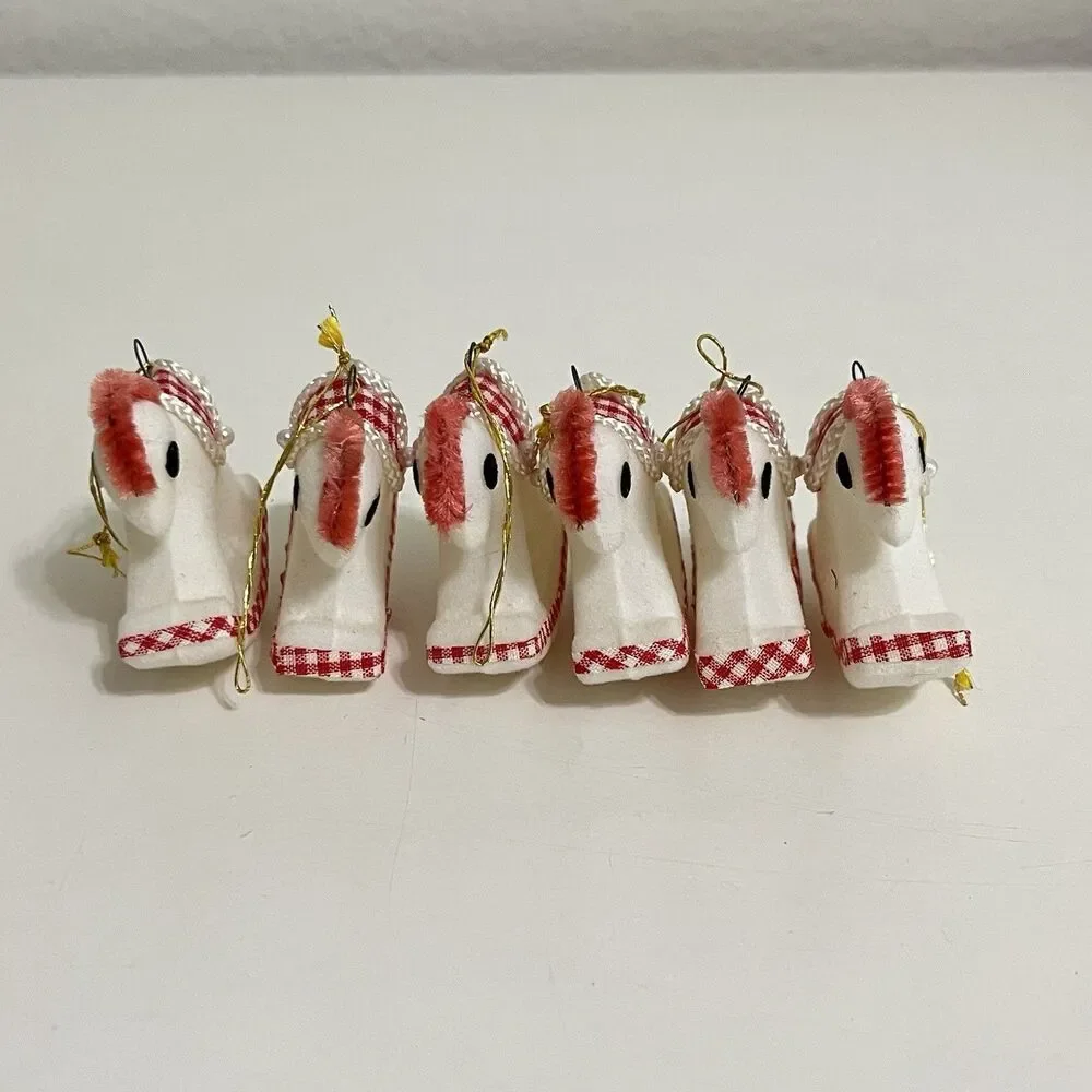 Vintage White Flocked Christmas Ornamants Japan Red Gingham Bear Mouse Elephant